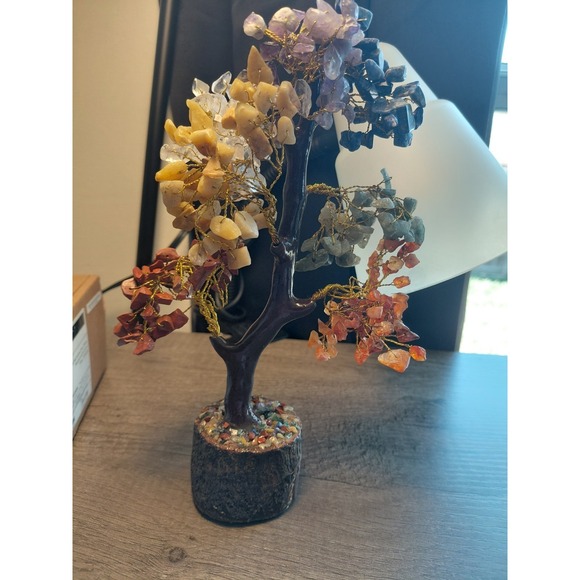 Multicolor Gemstone Wire Tree Sculpture Wood Base Handmade Decorative Figurine - Picture 2 of 4